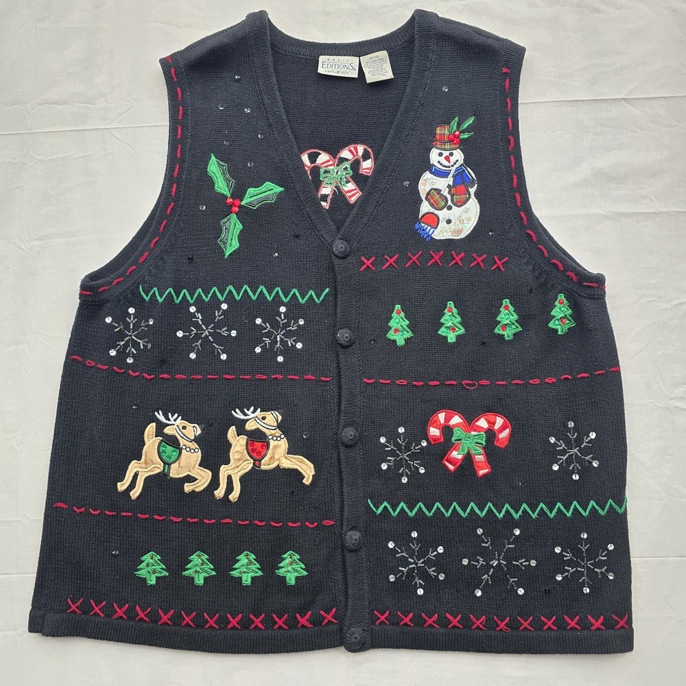 Vintage Y2K Granny Holiday Christmas Sweater Vest 3X Ugly Beaded Sequin